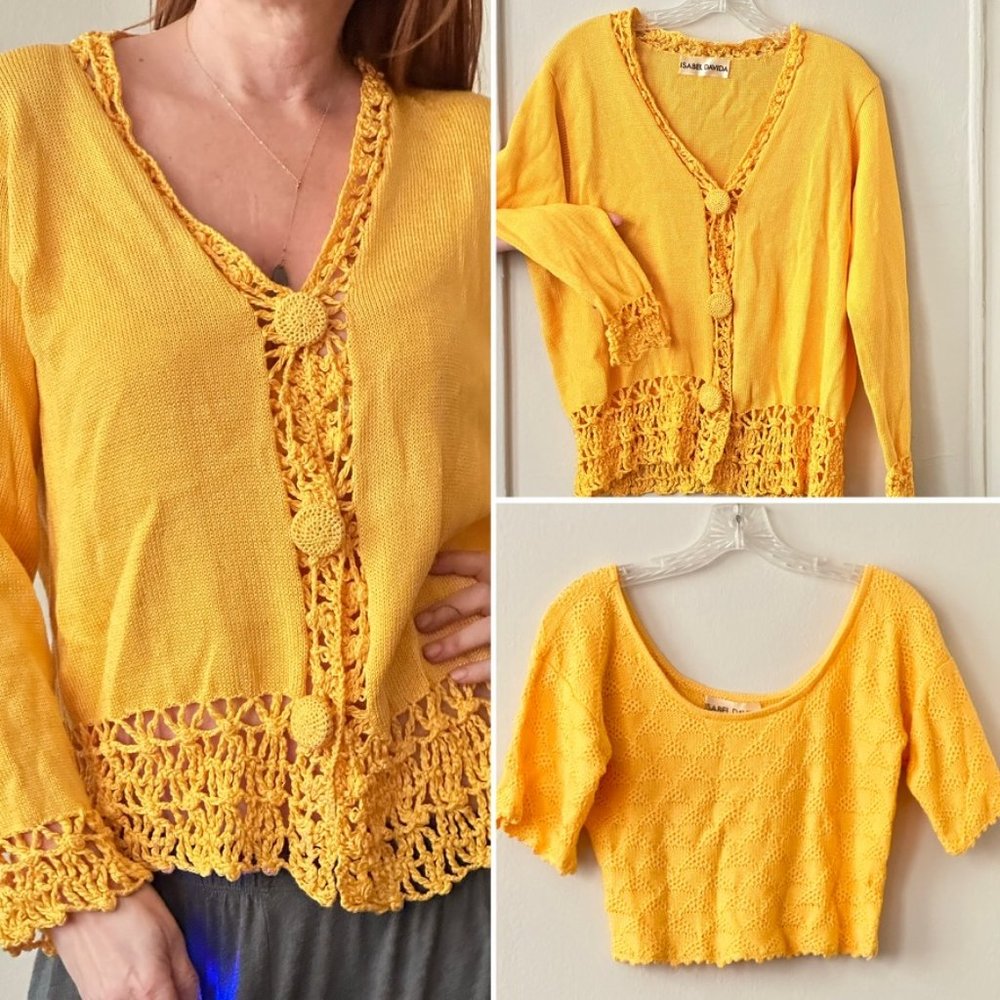 Vintage 80s/90s Yellow Isabel Davida 2 pc. Crop Top+Cardigan Sweater Set - SM